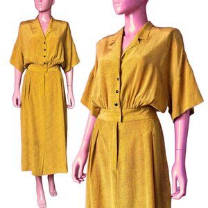 Vintage 80s S/M 100% Silk Dress Midi Blouson Yellow Black Spotted Pockets Collar